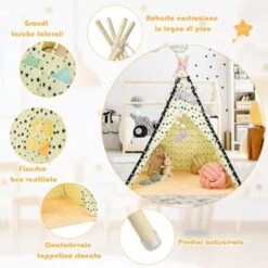 COSTWAY Tenda Da Gioco Indiana Per Bambini, Tenda Teepee Pieghevole Con Finestra, Capanna In Cotone Naturale Con Tappetino, Tenda Da Interno Ed Esterno Per Bambini 9 COSTWAY Tenda Da Gioco Indiana Per Bambini, Tenda Teepee Pieghevole Con Finestra, Capanna In Cotone Naturale Con Tappetino, Tenda Da Interno Ed Esterno Per Bambini -Cameretta Per Bambini 34171910 3