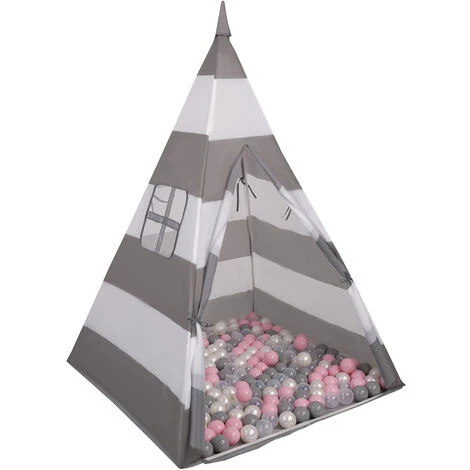 Selonis Tenda Indiana Tipi Gioco Per Bambini Con 100 Palline Colorate, Righe Grigio-Bianco:Perla/Grigio/Trasp/Rosa Chiaro 3 Selonis Tenda Indiana Tipi Gioco Per Bambini Con 100 Palline Colorate, Righe Grigio-Bianco:Perla/Grigio/Trasp/Rosa Chiaro