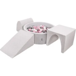 KiddyMoon Area Di Gioco In Schiuma Con Tondo Piscina Di Palline (200 Palline) Per Bambini, Grigioch:Bianco/Grigio/Rosa Chiaro