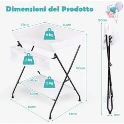 COSTWAY Fasciatoio Pieghevole, Fasciatoio Portatile Da Viaggio, 80x67x103 Cm, Bagnetto Fasciatoio Neonato Con Organizer E Ripiano, 0-12 Mesi (Bianco) -Cameretta Per Bambini 40461296 5