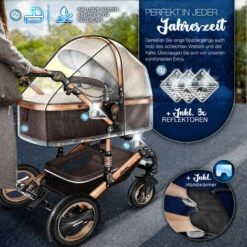 KIDUKU® 3 In 1 Passeggino Completo Trio - Marrone Passeggino Sistema Combinato Con Navicella Ovetto Seggiolino Auto Coprigambe Pneumatici In Gomma Dura Borsa Fasciatoio Parapioggia Tavolo Per Bambin -Cameretta Per Bambini 41586638 4