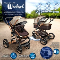 KIDUKU® 3 In 1 Passeggino Completo Trio - Marrone Passeggino Sistema Combinato Con Navicella Ovetto Seggiolino Auto Coprigambe Pneumatici In Gomma Dura Borsa Fasciatoio Parapioggia Tavolo Per Bambin -Cameretta Per Bambini 41586638 5
