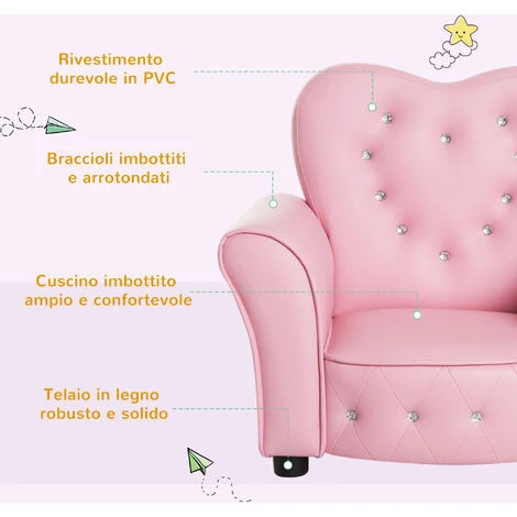 HOMCOM Poltroncina Per Bambini Imbottita, Poltrona Per Cameretta Con Rivestimento In PVC E Struttura In Legno, 59x41.5x49cm, Rosa 6 HOMCOM Poltroncina Per Bambini Imbottita, Poltrona Per Cameretta Con Rivestimento In PVC E Struttura In Legno, 59x41.5x49cm, Rosa - immagine 4