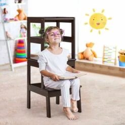 Sgabello Scala A 2 Gradini, Sgabello Per Bambini Con Barriera Di Protezione, Scaletta Con Buona Capacità Portante, Di Legno Di Pino, 36x40x90 Cm (Marrone) -Cameretta Per Bambini 43539061 2