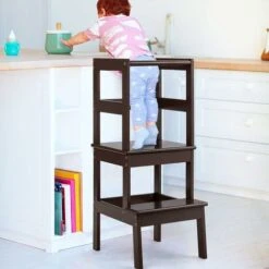 Sgabello Scala A 2 Gradini, Sgabello Per Bambini Con Barriera Di Protezione, Scaletta Con Buona Capacità Portante, Di Legno Di Pino, 36x40x90 Cm (Marrone) -Cameretta Per Bambini 43539061 3