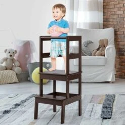 Sgabello Scala A 2 Gradini, Sgabello Per Bambini Con Barriera Di Protezione, Scaletta Con Buona Capacità Portante, Di Legno Di Pino, 36x40x90 Cm (Marrone) -Cameretta Per Bambini 43539061 4