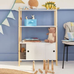 Scaffale Per Bambini - TOBIAS - Due Ante Scorrevoli, Legno Massello In Pino Naturale Bianco 70X30X106,5CM