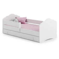 Dmora Letto Singolo Per Bambini, Lettino Con Cassettone E Protezione Anticaduta E Testiera A Nuvola, Cm 144x78h58, Colore Bianco, Con Imballo Rinforzato -Cameretta Per Bambini 48736415 2