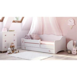 Dmora Letto Singolo Per Bambini, Lettino Con Cassettone E Protezione Anticaduta Per Cameretta, Cm 164x85h70, Colore Bianco E Rosa, Con Imballo Rinforzato