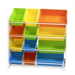 Scaffale In Legno 4 Piani Con 12 Cestoni Porta Giocattoli -Cameretta Per Bambini 49931063 2