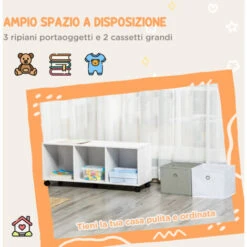 HOMCOM Mobiletto Portagiochi Per Bambini 3-12 Anni Con Ruote E Salvaspazio, 90x30x37.9cm, Bianco -Cameretta Per Bambini 51030505 4