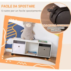 HOMCOM Mobiletto Portagiochi Per Bambini 3-12 Anni Con Ruote E Salvaspazio, 90x30x37.9cm, Bianco -Cameretta Per Bambini 51030505 5
