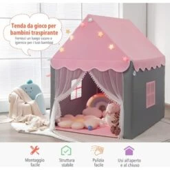 COSTWAY Tenda Da Gioco Per Bambini, Tenda Castello Con Tappetino Lavabile, Luci A Forma Di Stella, Per Interno Ed Esterno, 105 X 121 X 136 Cm -Cameretta Per Bambini 51371480 5