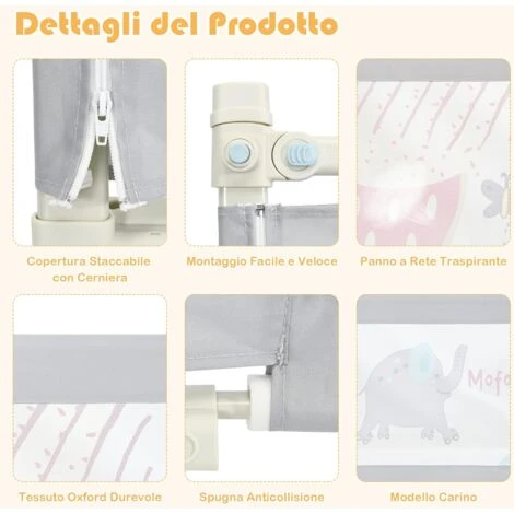 COSTWAY Barriera Letto Per Bambini, Sponda Di Sicurezza Con Doppio Blocco Di Sicurezza Per Bambini, Con Sollevamento Verticale, Lunghezza 174 Cm (Grigio) 6 COSTWAY Barriera Letto Per Bambini, Sponda Di Sicurezza Con Doppio Blocco Di Sicurezza Per Bambini, Con Sollevamento Verticale, Lunghezza 174 Cm (Grigio) - immagine 4