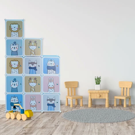 Relaxdays Scaffale Componibile Da Cameretta, 2 Aste Appendiabiti, Disegni Animali, HLP: 145x110x37 Cm, Incastro, Azzurro 7 Relaxdays Scaffale Componibile Da Cameretta, 2 Aste Appendiabiti, Disegni Animali, HLP: 145x110x37 Cm, Incastro, Azzurro - immagine 5