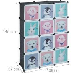 Relaxdays Scaffale Componibile Da Cameretta, 8 Scomparti, Disegni Di Animali, Con Asta Appendiabiti, 145x109x37 Cm, Nero -Cameretta Per Bambini 51983915 4