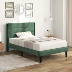 Cameretta Per Bambini 7 Letto Singolo Con Testiera A Doghe Tessuto Velluto 90 X 200 Cm, Verde Scuro