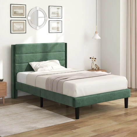 Letto Singolo Con Testiera A Doghe Tessuto Velluto 90 X 200 Cm, Verde Scuro 3 Letto Singolo Con Testiera A Doghe Tessuto Velluto 90 X 200 Cm, Verde Scuro