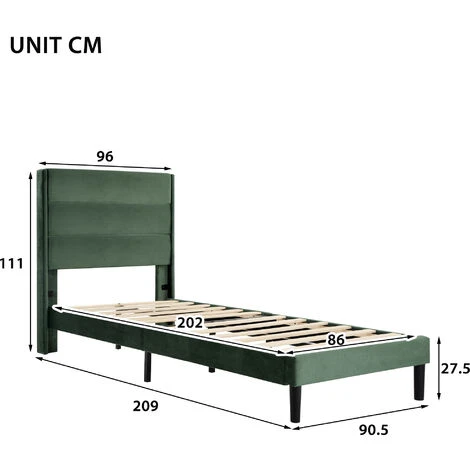 Letto Singolo Con Testiera A Doghe Tessuto Velluto 90 X 200 Cm, Verde Scuro 4 Letto Singolo Con Testiera A Doghe Tessuto Velluto 90 X 200 Cm, Verde Scuro - immagine 2