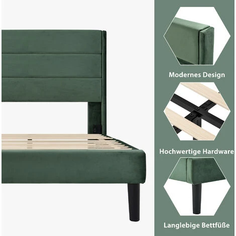 Letto Singolo Con Testiera A Doghe Tessuto Velluto 90 X 200 Cm, Verde Scuro 5 Letto Singolo Con Testiera A Doghe Tessuto Velluto 90 X 200 Cm, Verde Scuro - immagine 3