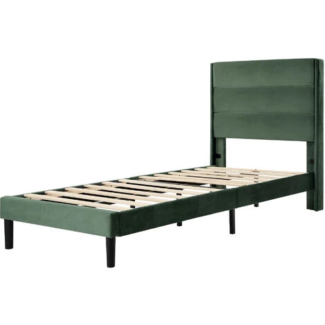 Letto Singolo Con Testiera A Doghe Tessuto Velluto 90 X 200 Cm, Verde Scuro 6 Letto Singolo Con Testiera A Doghe Tessuto Velluto 90 X 200 Cm, Verde Scuro - immagine 4