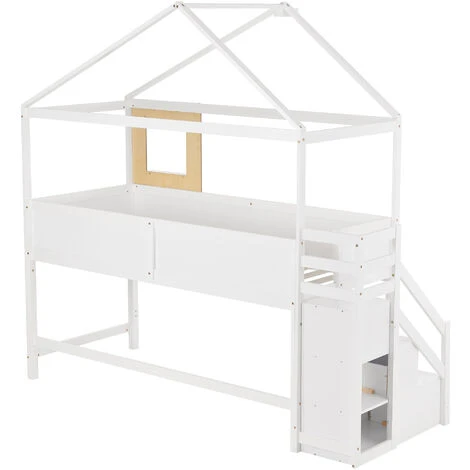 Letto A Castello Soppalco Per Bambini Con Rete A Doghe Scaletta Con 3 Cassetti, 90x200 Cm Bianco 4 Letto A Castello Soppalco Per Bambini Con Rete A Doghe Scaletta Con 3 Cassetti, 90x200 Cm Bianco - immagine 2