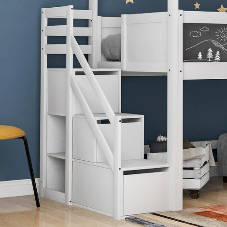 Letto A Castello Soppalco Per Bambini Con Rete A Doghe Scaletta Con 3 Cassetti, 90x200 Cm Bianco 6 Letto A Castello Soppalco Per Bambini Con Rete A Doghe Scaletta Con 3 Cassetti, 90x200 Cm Bianco - immagine 4