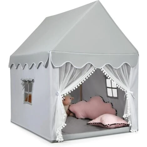 COSTWAY Casetta Per Bambini, Casetta Con Tenda Resistente Struttura In Solido Legno E Tappetino Di Cotone, Con Tenda Porta E Finestra 3 COSTWAY Casetta Per Bambini, Casetta Con Tenda Resistente Struttura In Solido Legno E Tappetino Di Cotone, Con Tenda Porta E Finestra
