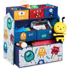 Relaxdays Scaffale Portagiochi, Motivo Mostri, Cameretta Bambini, 6 Box In Stoffa, HxLxP: 66x 63,5x30 Cm, Multicolore
