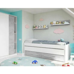 Dmora Letto Singolo Fairfield, Struttura Letto Per Cameretta, Letto Singolo Con Lettino Estraibile E 2 Cassetti E Mensola, Cm 199x96h65, Bianco E Cemento, Con Imballo Rinforzato -Cameretta Per Bambini 56698523 3