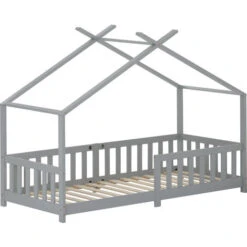 Letto Per Bambini A Forma Di Casetta Con Barriera Anticaduta 90 X 200 Cm Lettino In Legno Di Pino Con Sponde / Sbarre Di Sicurezza Grigio -Cameretta Per Bambini 57337361 3