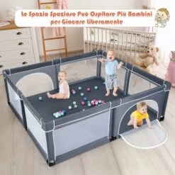 DREAMADE Box Bambini, Recinto Di Sicurezza, In Struttura Di Acciaio Verniciato Antiruggine E Stabile, Centro Di Attività Con Porte In Rete Apribili A Cerniera, 206x185,5x68 Cm (Grigio Scuro) -Cameretta Per Bambini 59001434 3