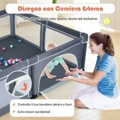 DREAMADE Box Bambini, Recinto Di Sicurezza, In Struttura Di Acciaio Verniciato Antiruggine E Stabile, Centro Di Attività Con Porte In Rete Apribili A Cerniera, 206x185,5x68 Cm (Grigio Scuro) -Cameretta Per Bambini 59001434 4