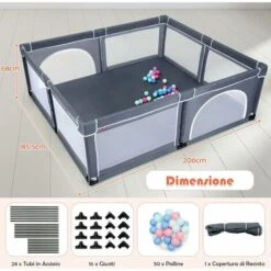 DREAMADE Box Bambini, Recinto Di Sicurezza, In Struttura Di Acciaio Verniciato Antiruggine E Stabile, Centro Di Attività Con Porte In Rete Apribili A Cerniera, 206x185,5x68 Cm (Grigio Scuro) -Cameretta Per Bambini 59001434 5