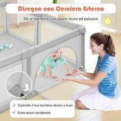 DREAMADE Box Bambini, Recinto Di Sicurezza, In Struttura Di Acciaio Verniciato Antiruggine E Stabile, Centro Di Attività Con Porte In Rete Apribili A Cerniera, 206x185,5x68 Cm (Grigio Chiaro) -Cameretta Per Bambini 59001437 3