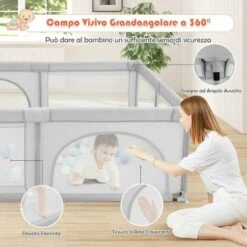 DREAMADE Box Bambini, Recinto Di Sicurezza, In Struttura Di Acciaio Verniciato Antiruggine E Stabile, Centro Di Attività Con Porte In Rete Apribili A Cerniera, 206x185,5x68 Cm (Grigio Chiaro) -Cameretta Per Bambini 59001437 4