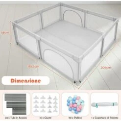 DREAMADE Box Bambini, Recinto Di Sicurezza, In Struttura Di Acciaio Verniciato Antiruggine E Stabile, Centro Di Attività Con Porte In Rete Apribili A Cerniera, 206x185,5x68 Cm (Grigio Chiaro) -Cameretta Per Bambini 59001437 5