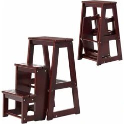 DREAMADE Sgabello Scaletta In Legno Sedia Scala Richiudibile A 3 Gradini Per Casa Negozio (Marrone Scuro)