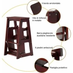 DREAMADE Sgabello Scaletta In Legno Sedia Scala Richiudibile A 3 Gradini Per Casa Negozio (Marrone Scuro) -Cameretta Per Bambini 59001534 3
