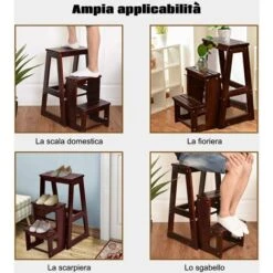 DREAMADE Sgabello Scaletta In Legno Sedia Scala Richiudibile A 3 Gradini Per Casa Negozio (Marrone Scuro) -Cameretta Per Bambini 59001534 4