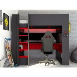 Letto A Soppalco Gamer + Scrivania Con LED E Vani Portaoggetti Integrati 90 X 200 Cm Antracite E Rosso - NOAH -Cameretta Per Bambini 59278927 2