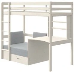 Letto A Soppalco Scrivania, Divano Letto E Vani Portaoggetti 90 X 200 Cm Abete Massello Sbiancato - GOLIATH II