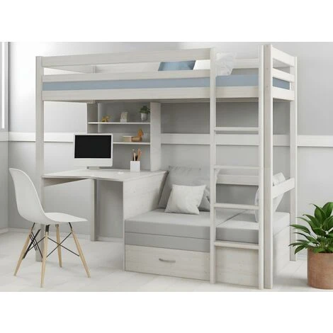 Letto A Soppalco Scrivania, Divano Letto E Vani Portaoggetti 90 X 200 Cm Abete Massello Sbiancato - GOLIATH II 4 Letto A Soppalco Scrivania, Divano Letto E Vani Portaoggetti 90 X 200 Cm Abete Massello Sbiancato - GOLIATH II - immagine 2
