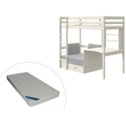 Letto A Soppalco Scrivania Divano Letto Vani 90x200 Cm In Abete Massello Sbiancato+Materasso - GOLIATH II