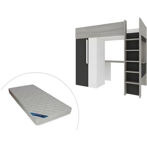Letto A Soppalco + Materasso Con Armadio E Scrivania 90 X 200 Cm Antracite E Bianco - NICOLAS II 3 Letto A Soppalco + Materasso Con Armadio E Scrivania 90 X 200 Cm Antracite E Bianco - NICOLAS II