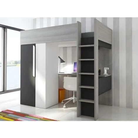 Letto A Soppalco + Materasso Con Armadio E Scrivania 90 X 200 Cm Antracite E Bianco - NICOLAS II 4 Letto A Soppalco + Materasso Con Armadio E Scrivania 90 X 200 Cm Antracite E Bianco - NICOLAS II - immagine 2