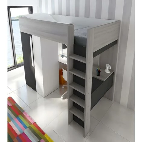 Letto A Soppalco + Materasso Con Armadio E Scrivania 90 X 200 Cm Antracite E Bianco - NICOLAS II 5 Letto A Soppalco + Materasso Con Armadio E Scrivania 90 X 200 Cm Antracite E Bianco - NICOLAS II - immagine 3