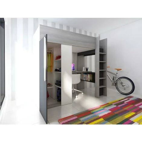 Letto A Soppalco + Materasso Con Armadio E Scrivania 90 X 200 Cm Antracite E Bianco - NICOLAS II 6 Letto A Soppalco + Materasso Con Armadio E Scrivania 90 X 200 Cm Antracite E Bianco - NICOLAS II - immagine 4