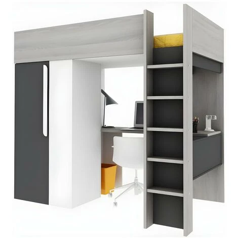 Letto A Soppalco + Materasso Con Armadio E Scrivania 90 X 200 Cm Antracite E Bianco - NICOLAS II 7 Letto A Soppalco + Materasso Con Armadio E Scrivania 90 X 200 Cm Antracite E Bianco - NICOLAS II - immagine 5