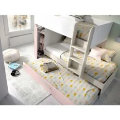Letto A Castello Con Cassetto Letto A Scomparsa E Contenitori 3 X 90 X 190 Cm Bianco, Naturale E Rosa - ANTHONY -Cameretta Per Bambini 59284773 3